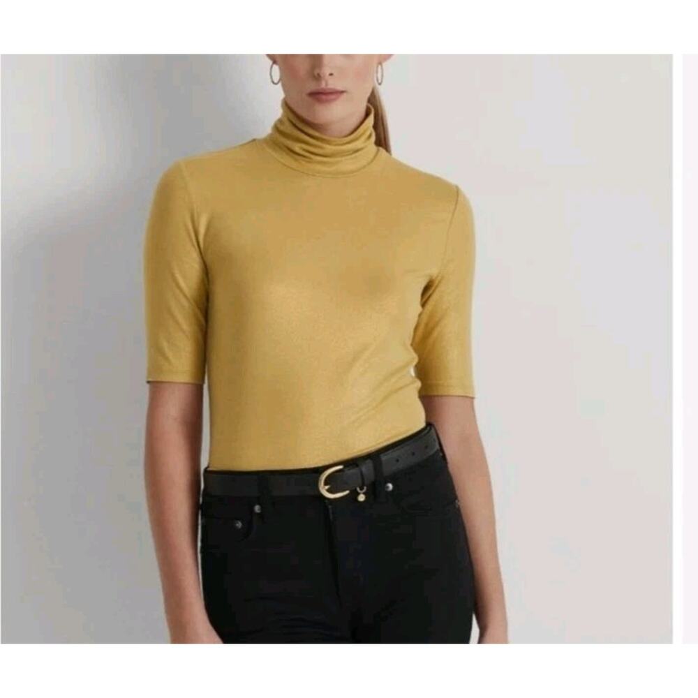 Lauren Ralph Lauren Women's XL Metallic Jersey Stretchy Gold Top Preppy Party
